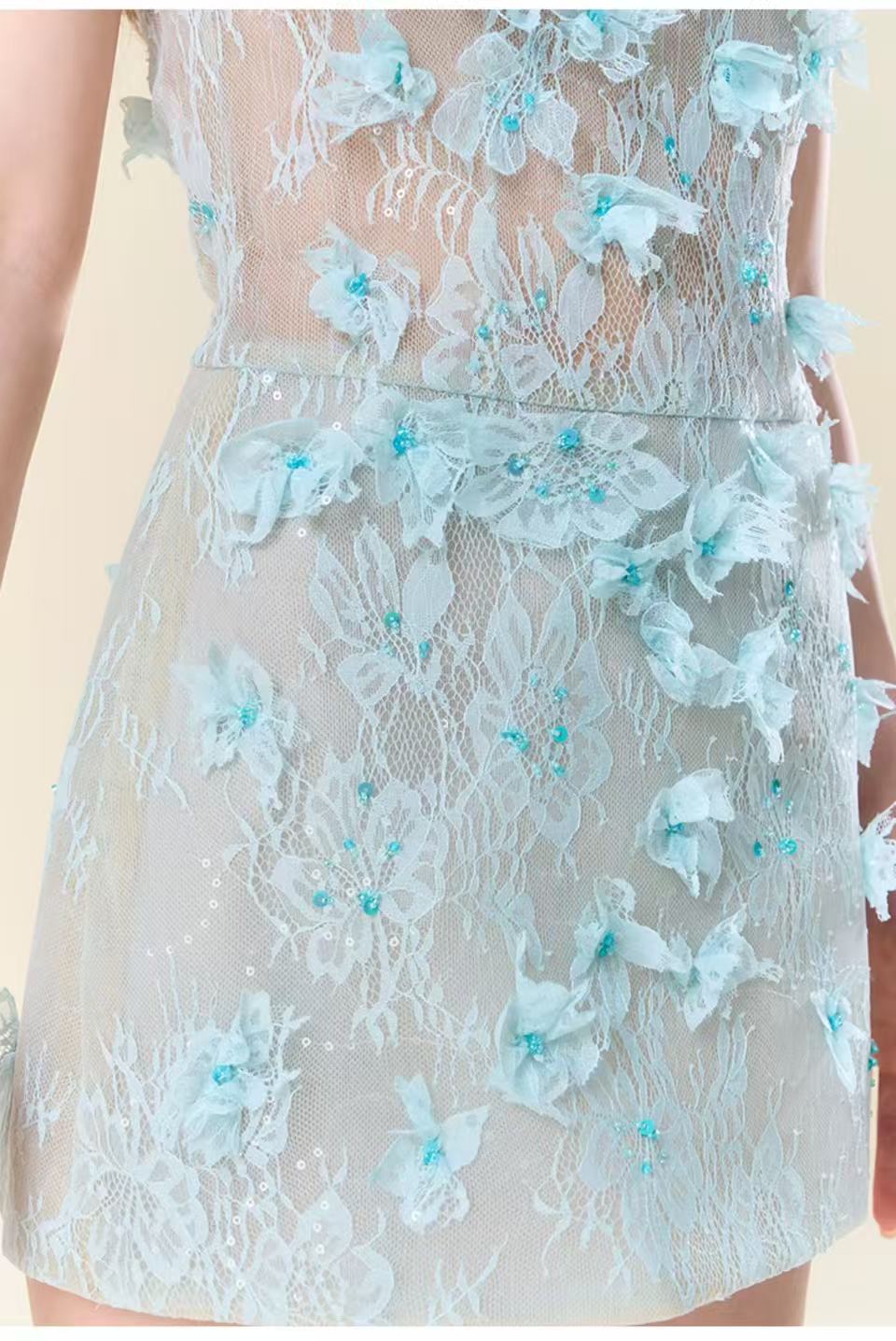 Floral Lace Mini Dress In blue