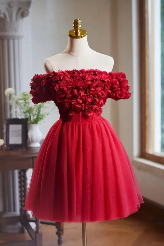 Red 3d Appliques Mini Prom Dress