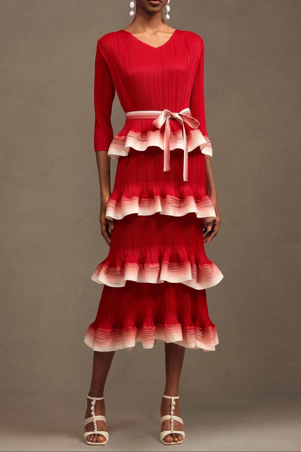 Round Neck Long Sleeve Falbala Woven Maxi Dress in red