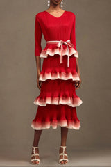 Round Neck Long Sleeve Falbala Woven Maxi Dress in red