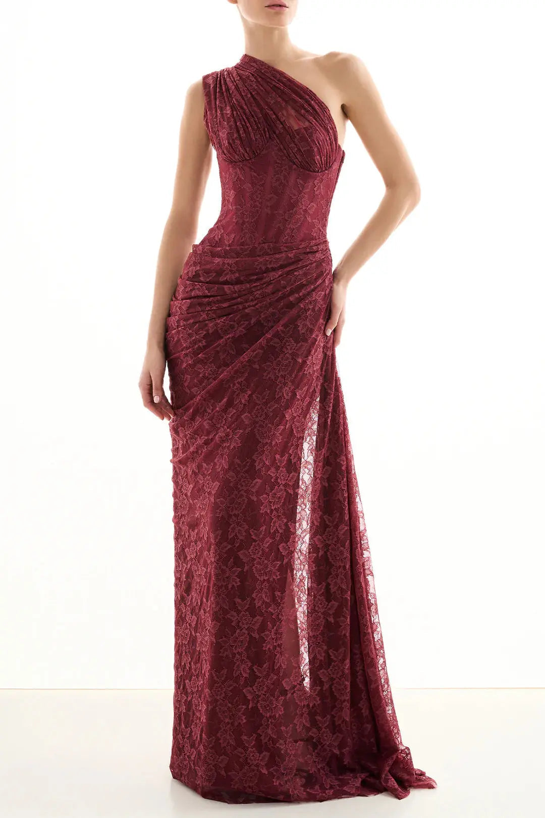 one-shoulder Lace Maxi Dress In Burgundy