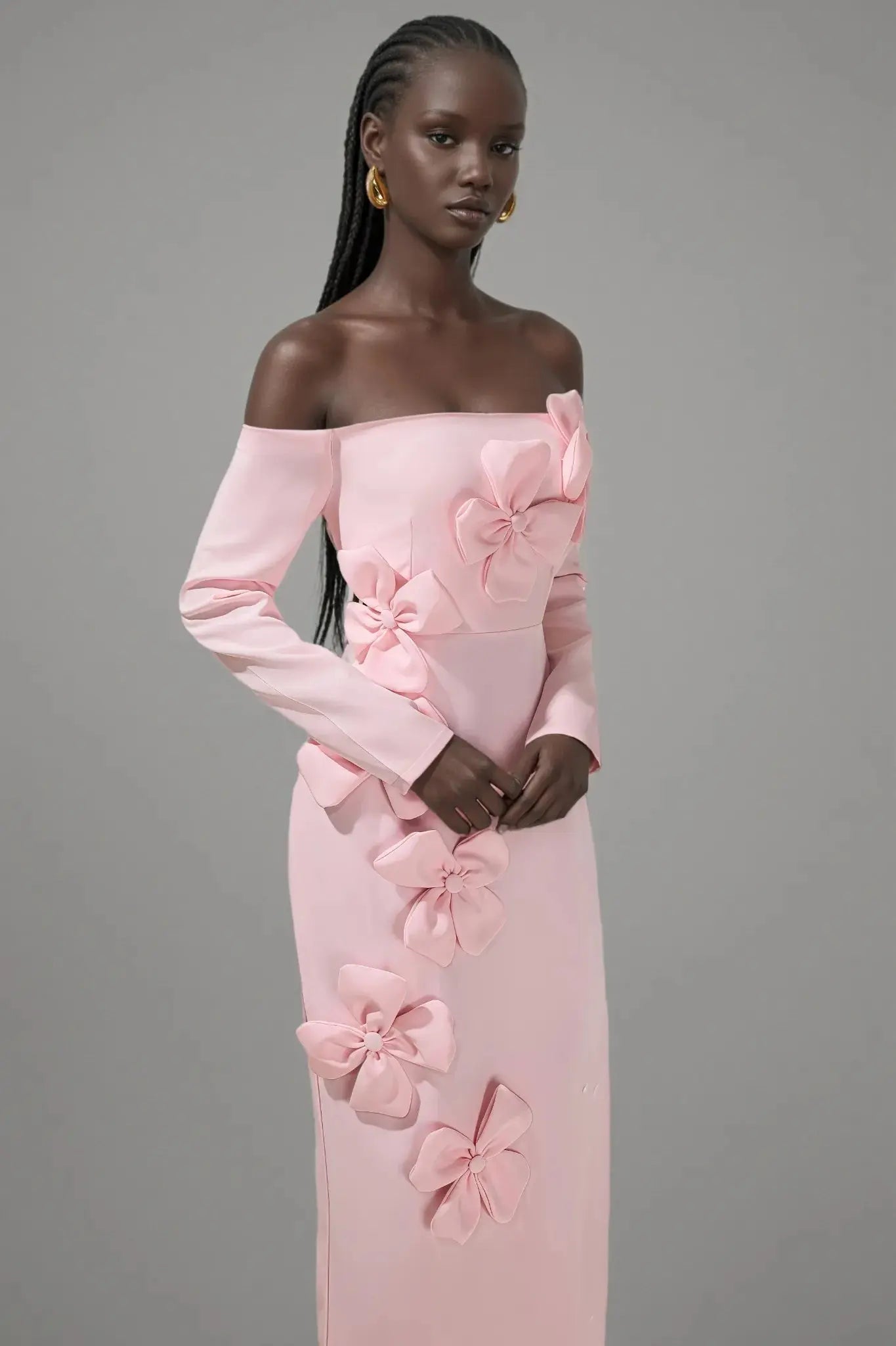 Pink 3D Flower Long Sleeve Midi Dress