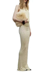 Stephanie Beading Embellished Halter Backless Maxi Dress in Butter