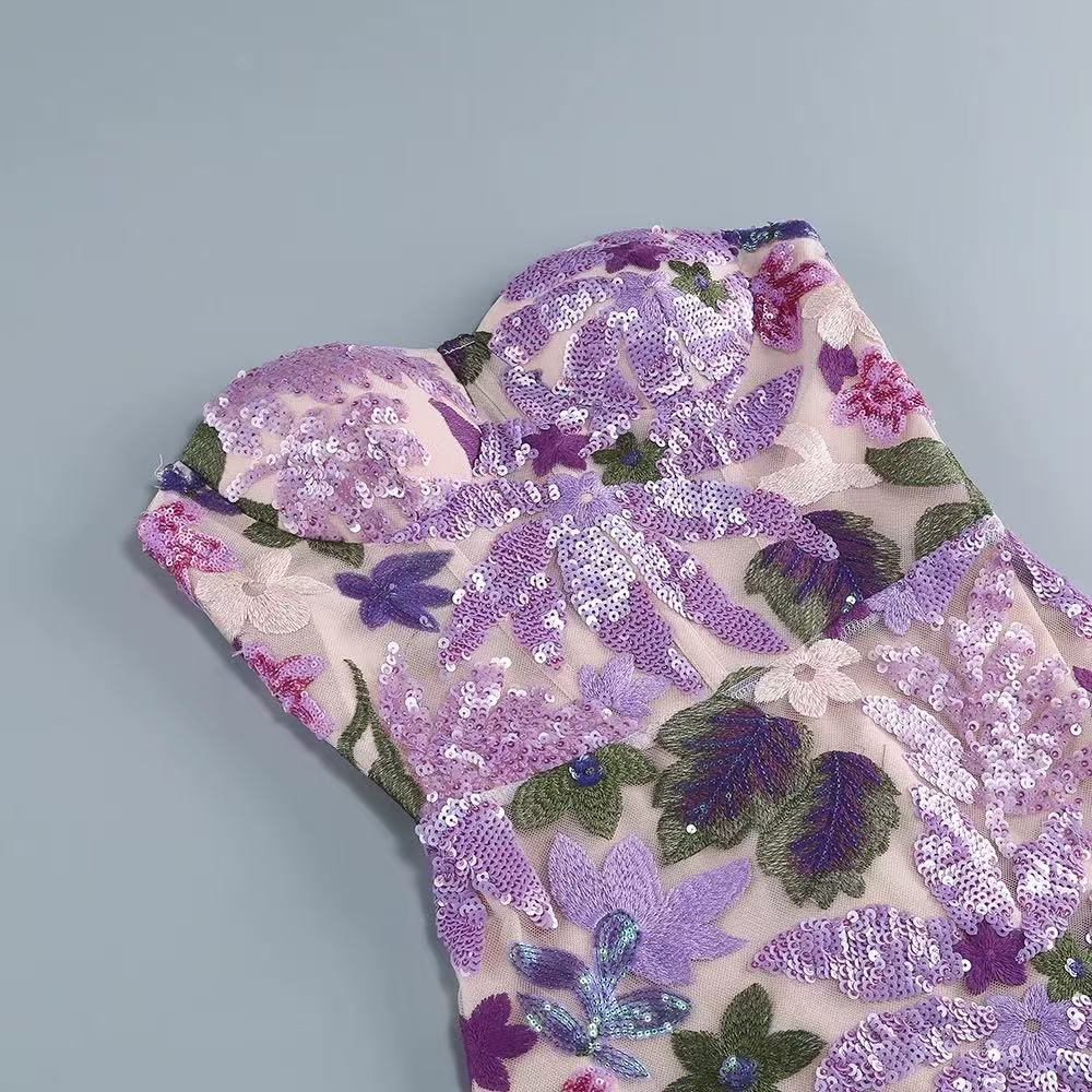 Floral Sequin Embroidered Maxi Dress - Purple