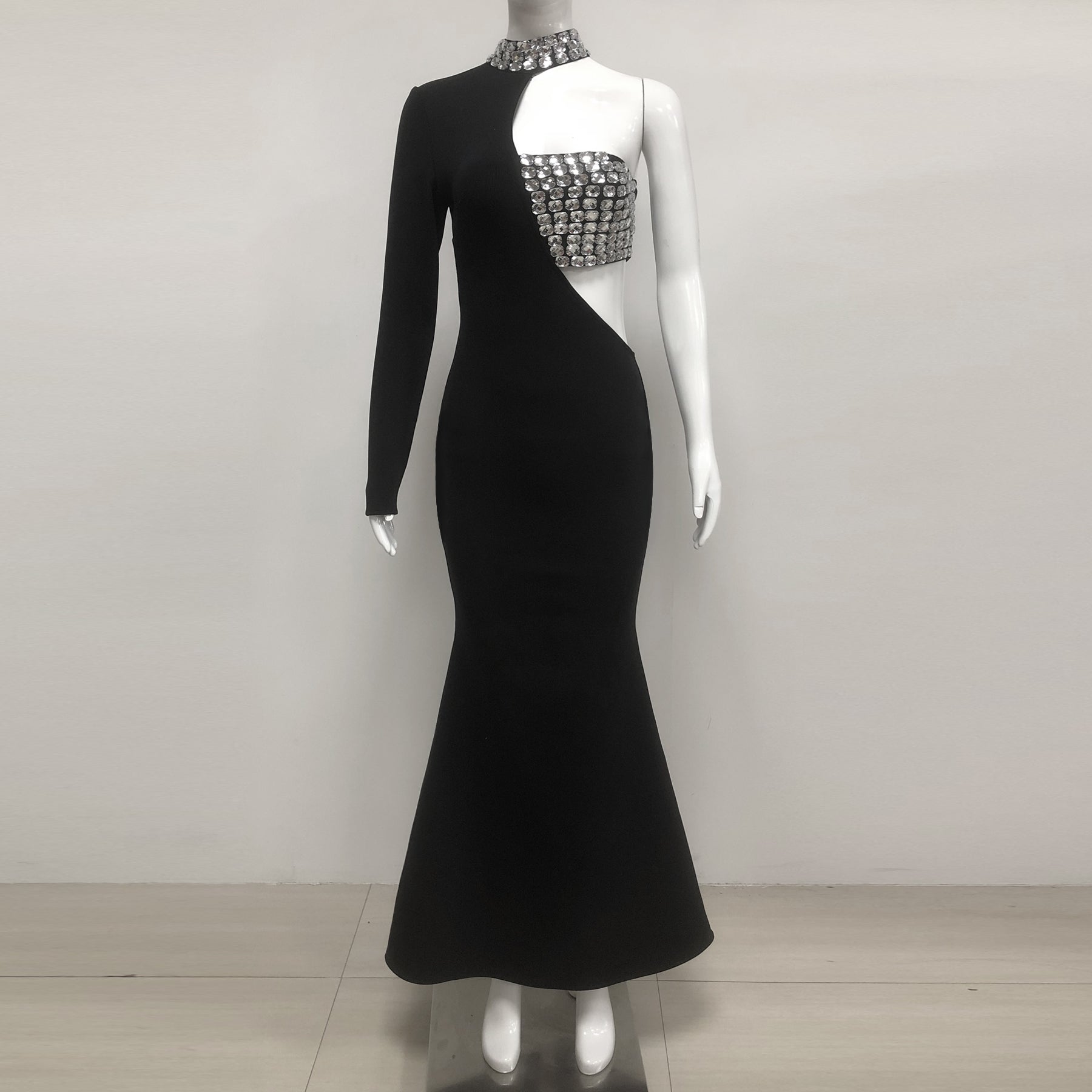Crystal Embellished One-Sleeve Cut-Out Maxi Dress in black