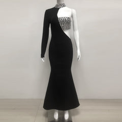 Crystal Embellished One-Sleeve Cut-Out Maxi Dress in black