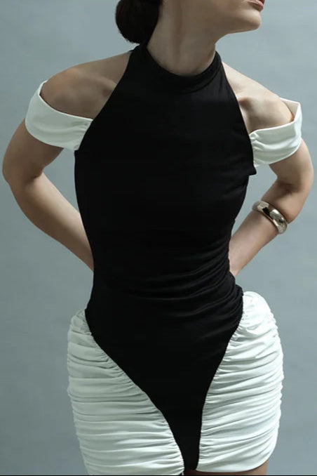 Black-White Sleeveless Halter Mini Dress