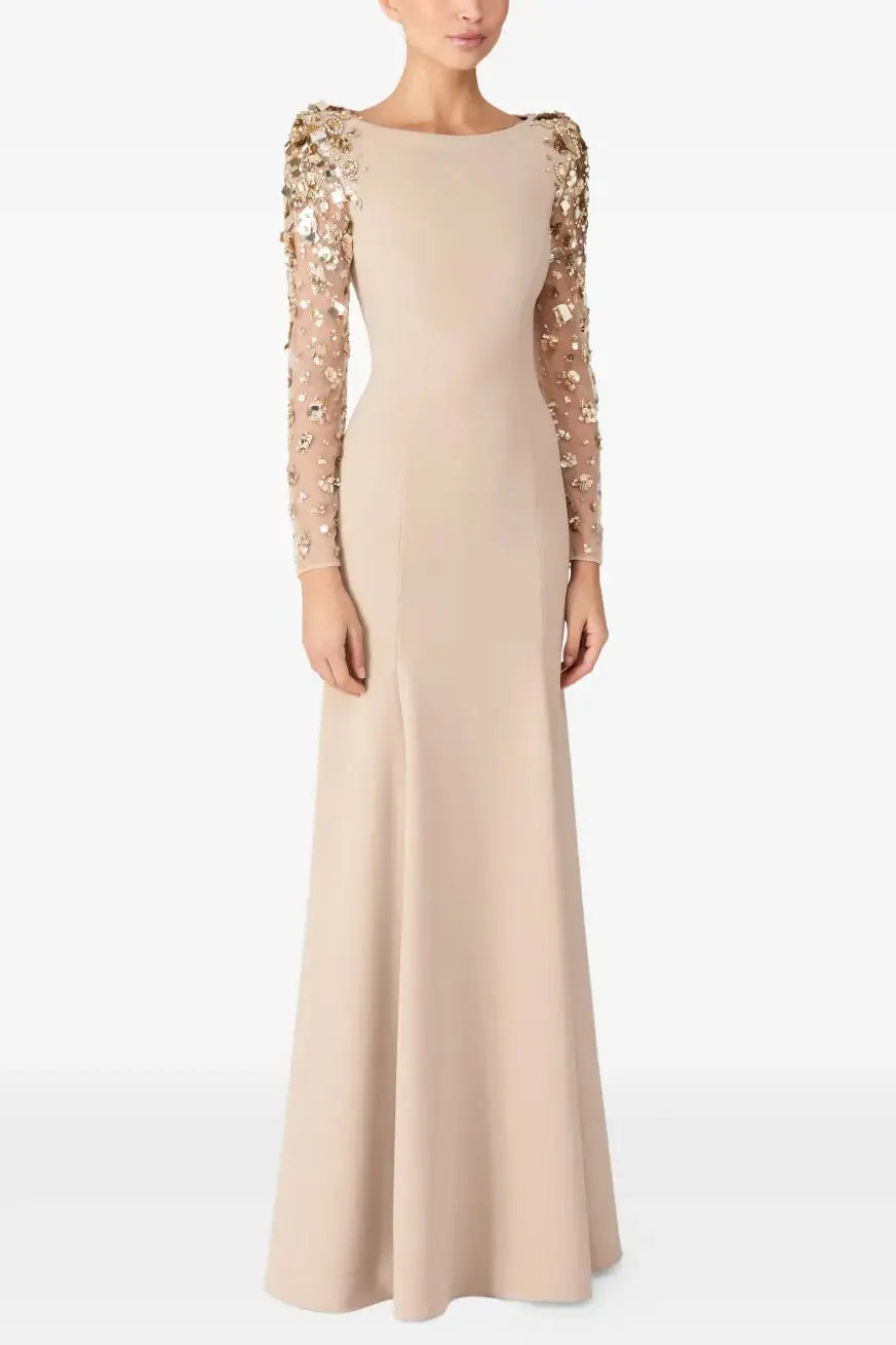 Mesh Splicing Beading Diamond Maxi Dress in Apricot