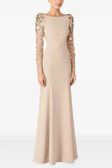 Mesh Splicing Beading Diamond Maxi Dress in Apricot