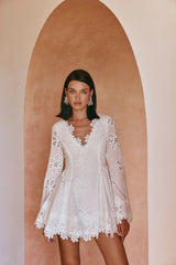 Flower Embroidery Hollow Mini Dress in White