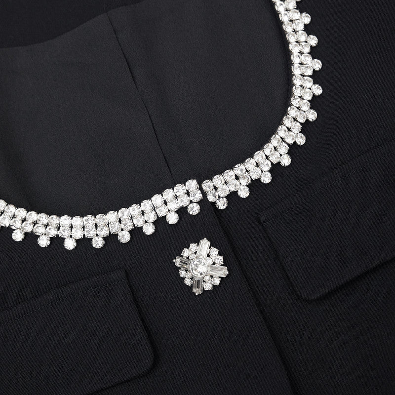 Black Square Neck Rhinestone Mini Dress
