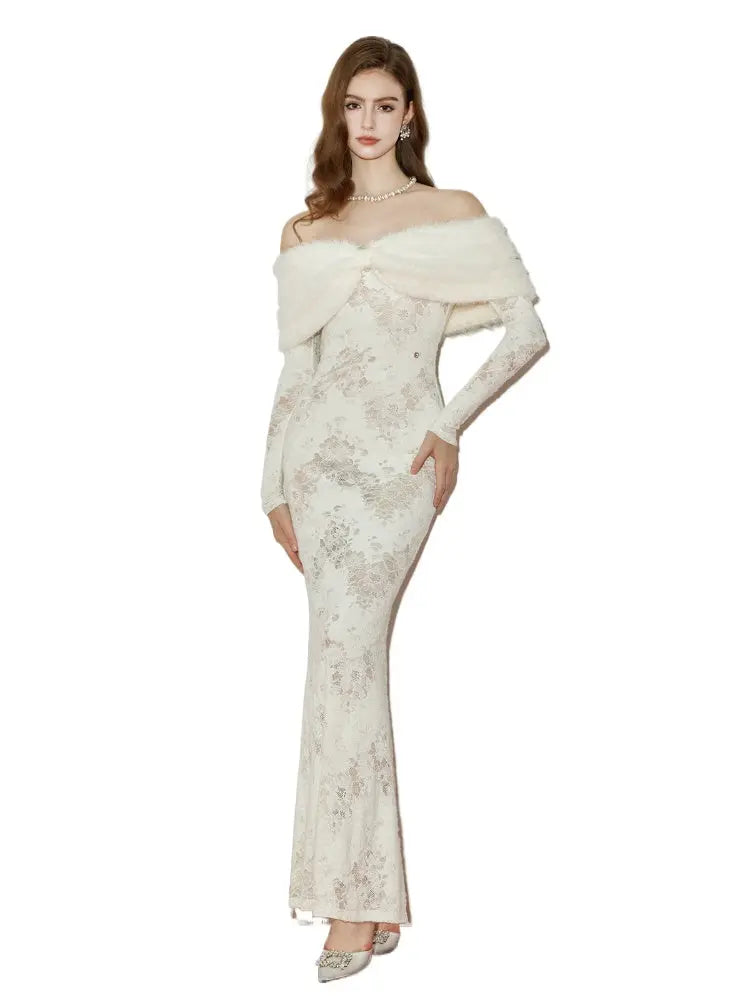 Off-Shoulder Fur Collar Long Sleeve Lace Maxi Dress in White