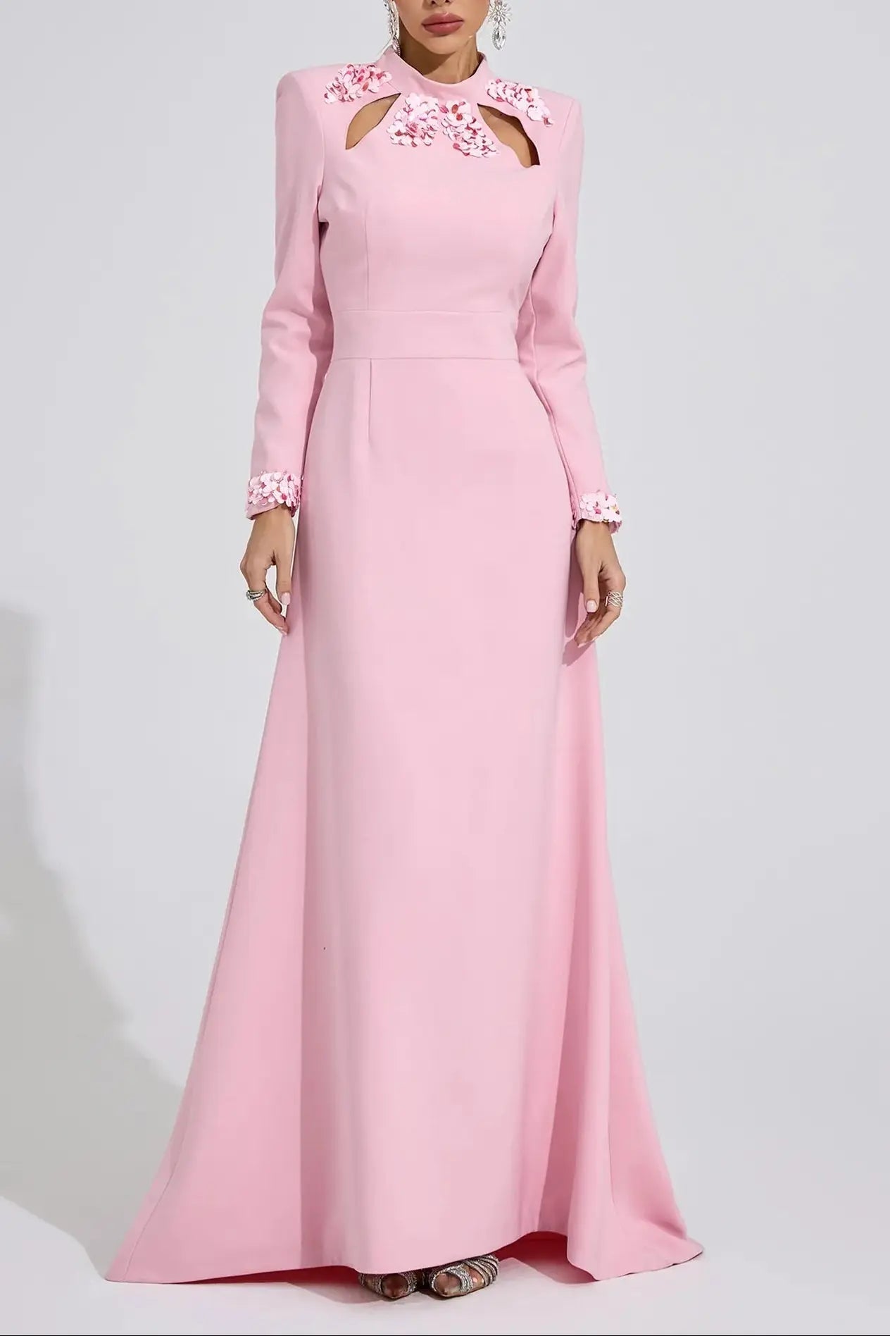 Light Pink Rhinestone Cutout Maxi Dress