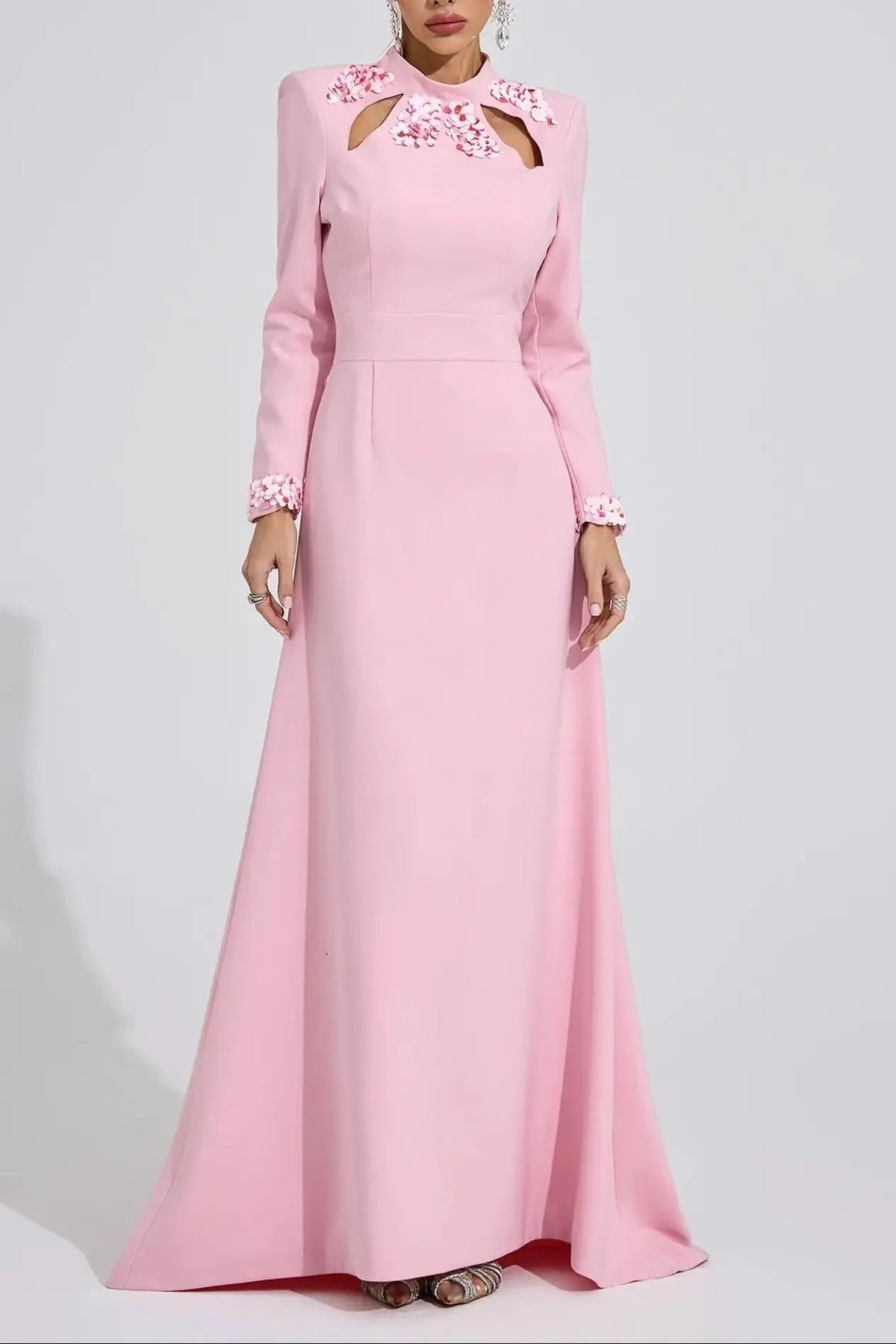 Light Pink Rhinestone Cutout Maxi Dress