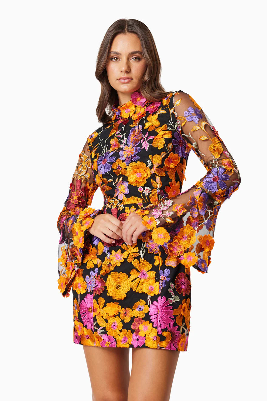 Orange Flower Embroidered Long Sleeves Mini Dress