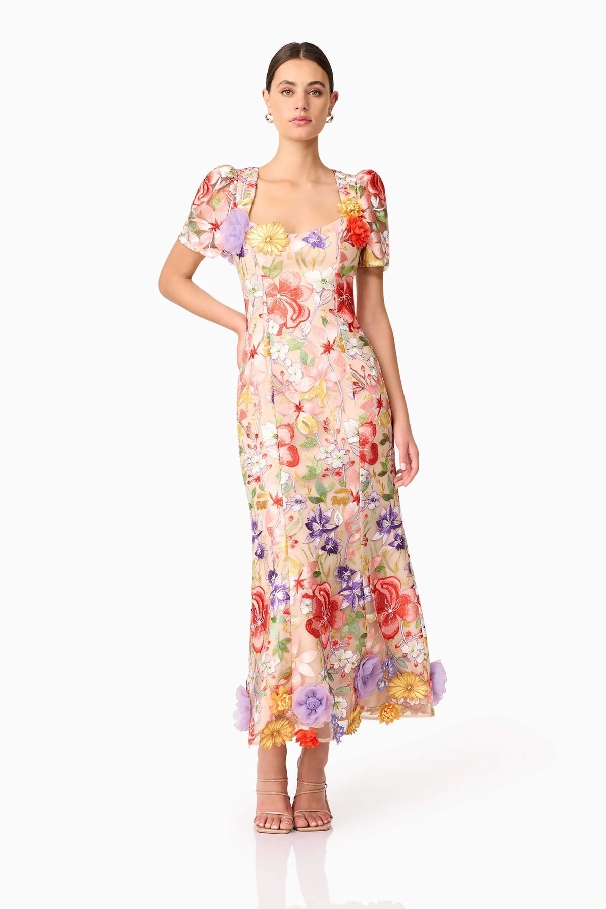 Square Neck Backless Mesh Embroidered Maxi Dress