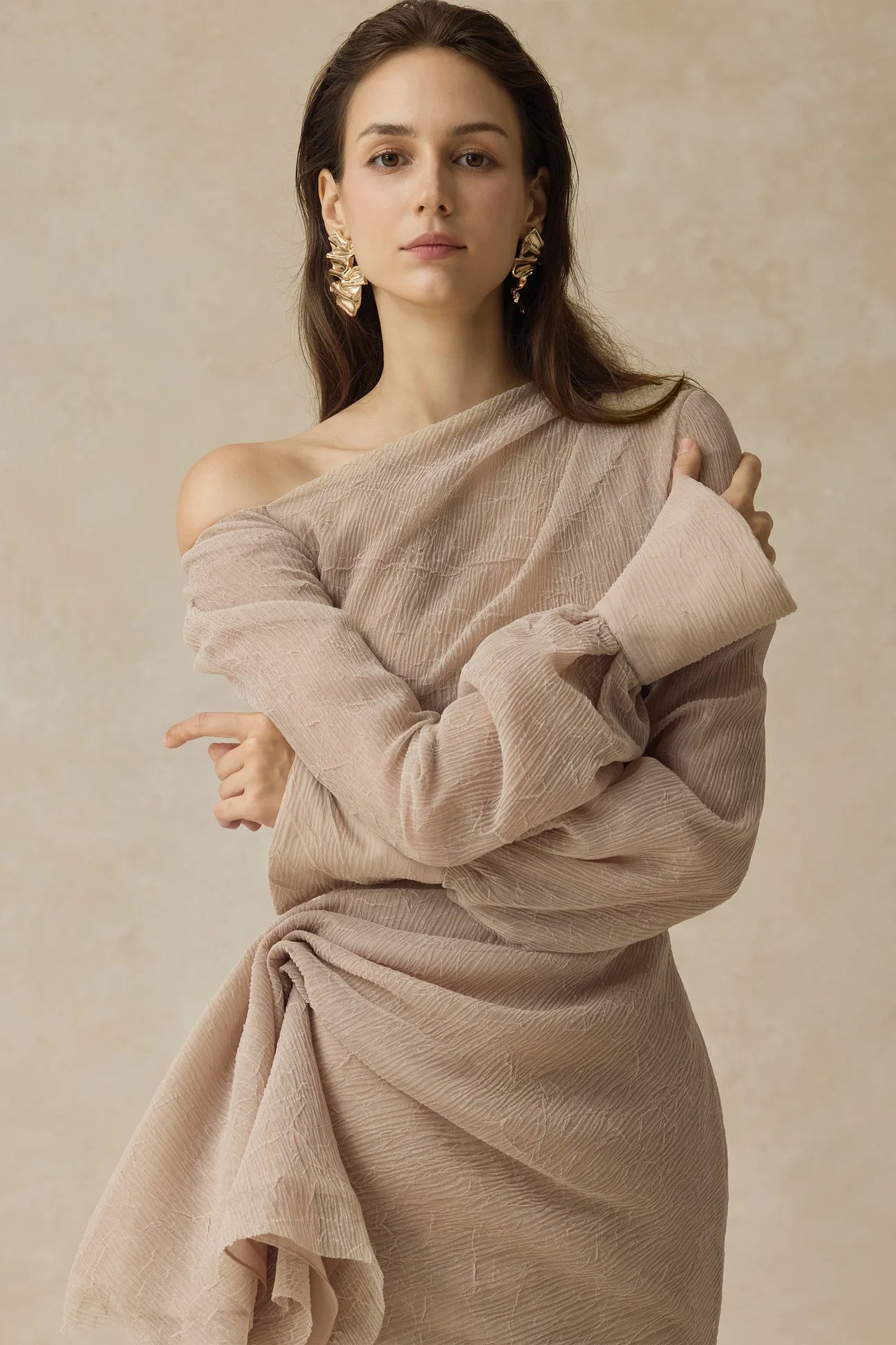 BriLong Sleeve Maxi Dress in Beige