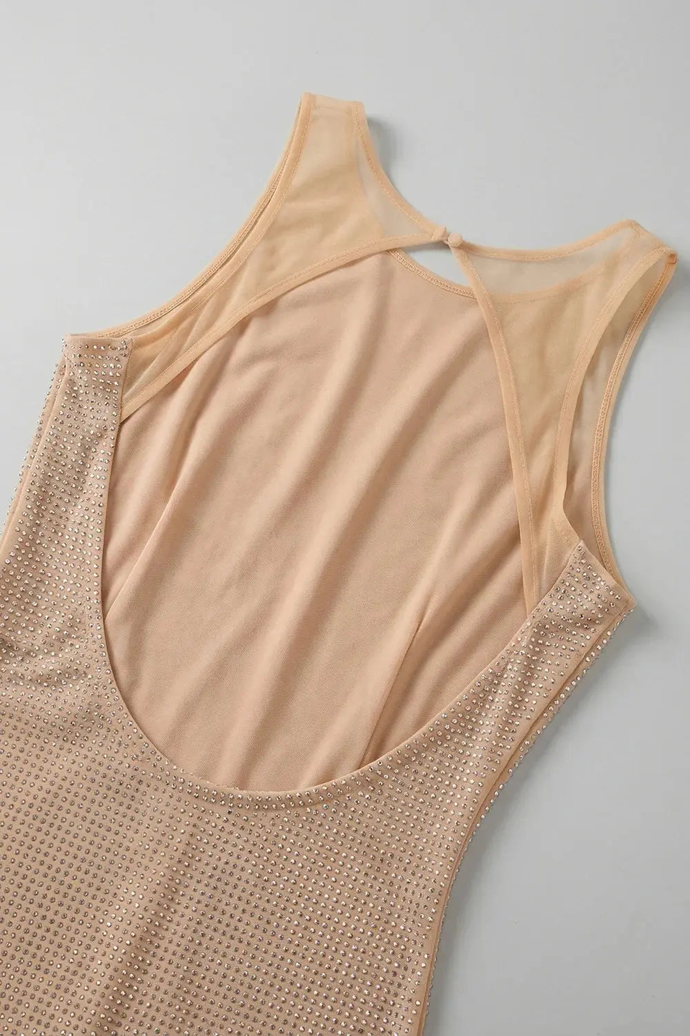 Square Crystal-Embellished Mesh Mini Dress in Apricot