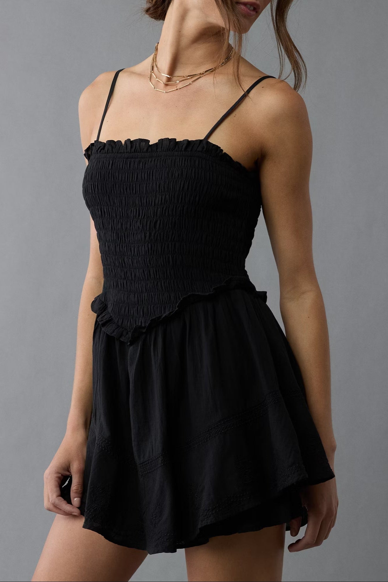 Ruffle Romper Mini Dress in Black