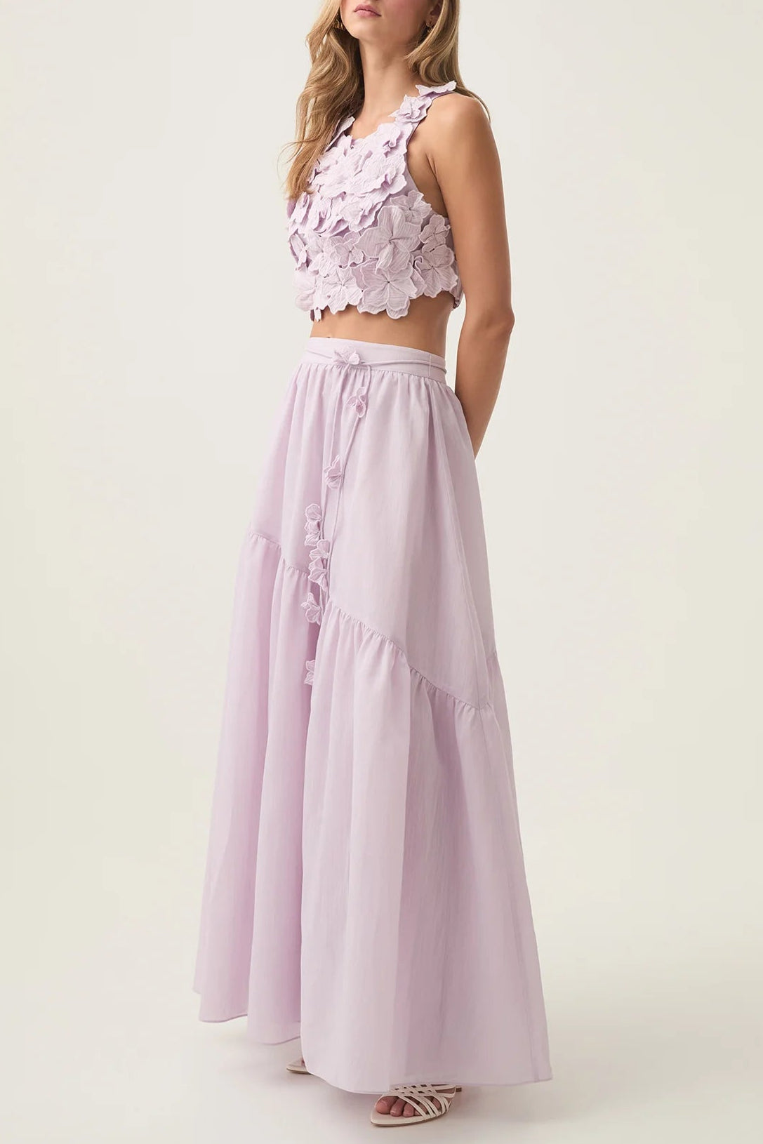 Flower Shell Top Maxi Skirt Set in Purple