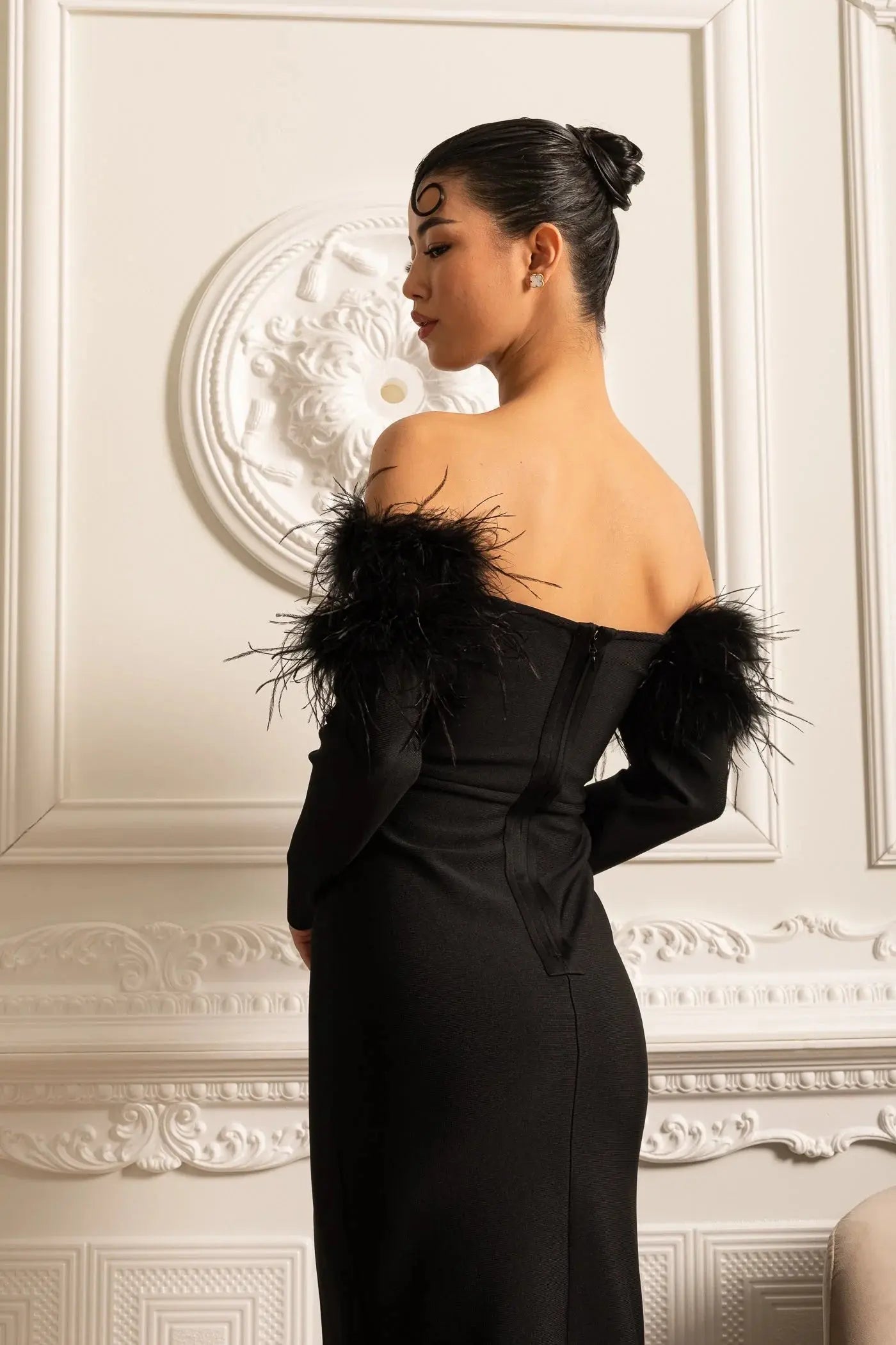 Sequin High Feather Adorned Maxi Dress - Black
