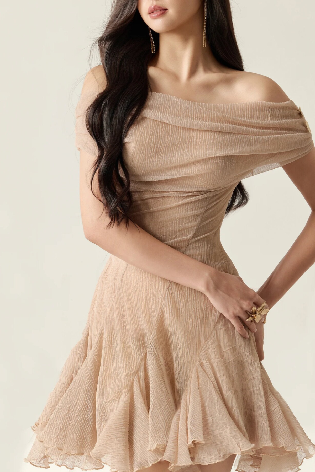 Nude Off The Shoulder Bodycon Ruched Mini Dress