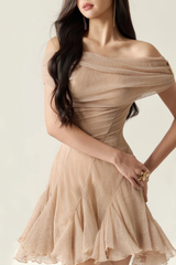 Nude Off The Shoulder Bodycon Ruched Mini Dress