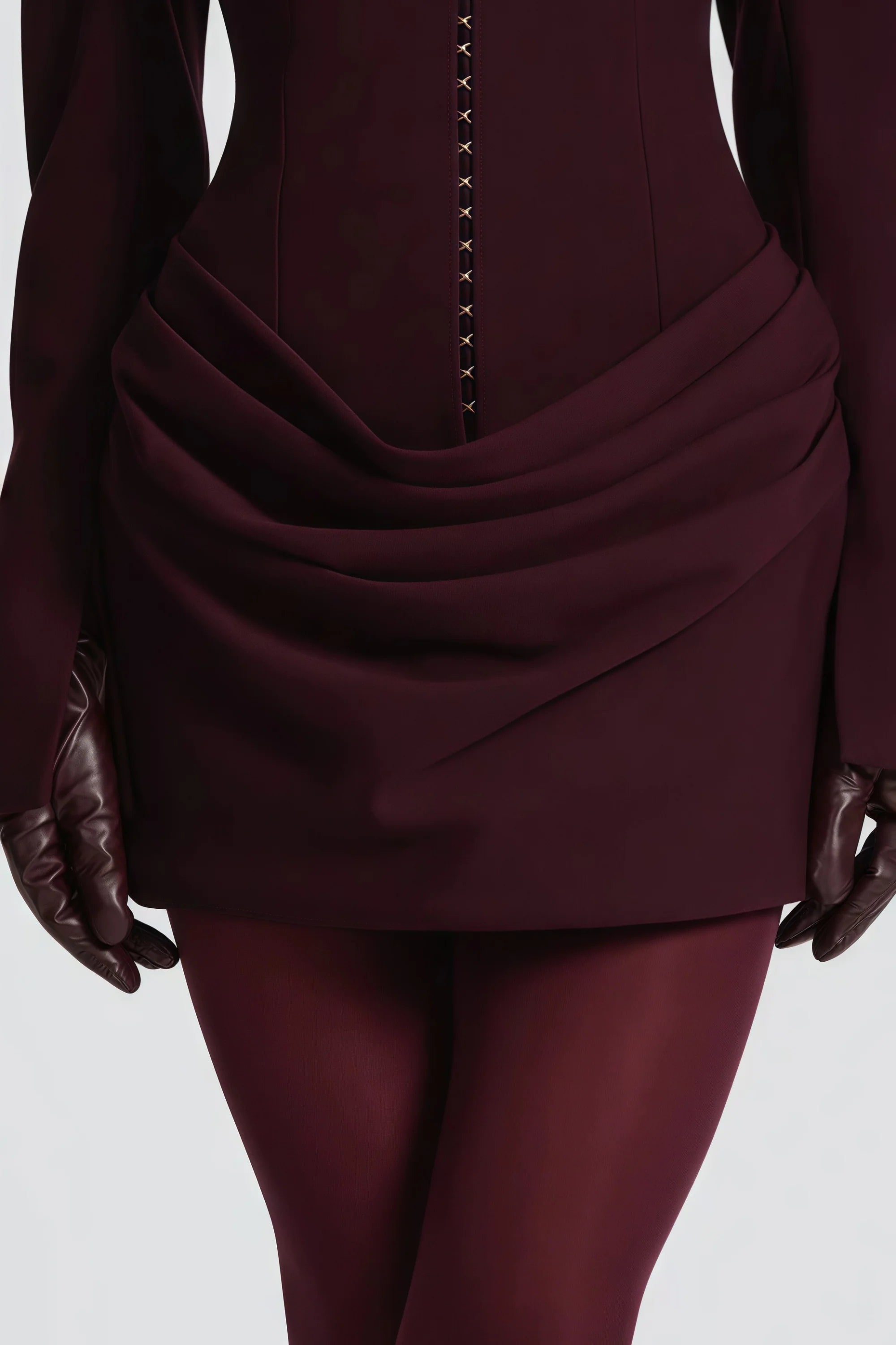 V-Neck Ruched Blazer Mini Dress in Wine Red