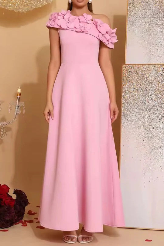 Flower Slanted Collar Maxi Dress in Pink