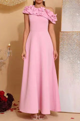 Flower Slanted Collar Maxi Dress in Pink