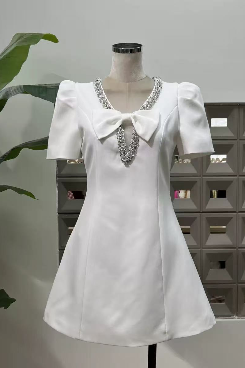 V-Neck Diamond Chain Mini Dress in Ivory