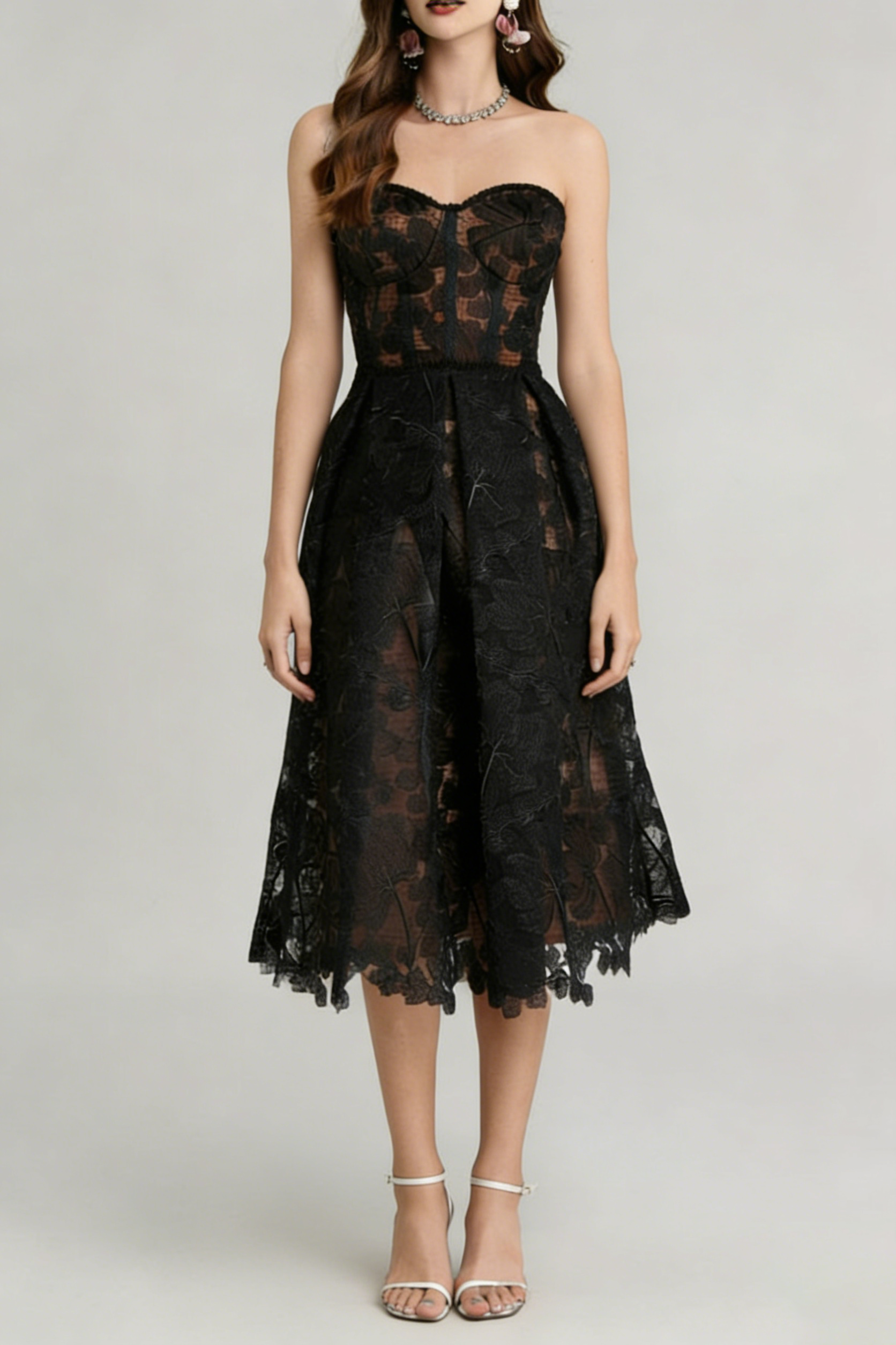Black Sexy Embroidered Lace Midi Dress