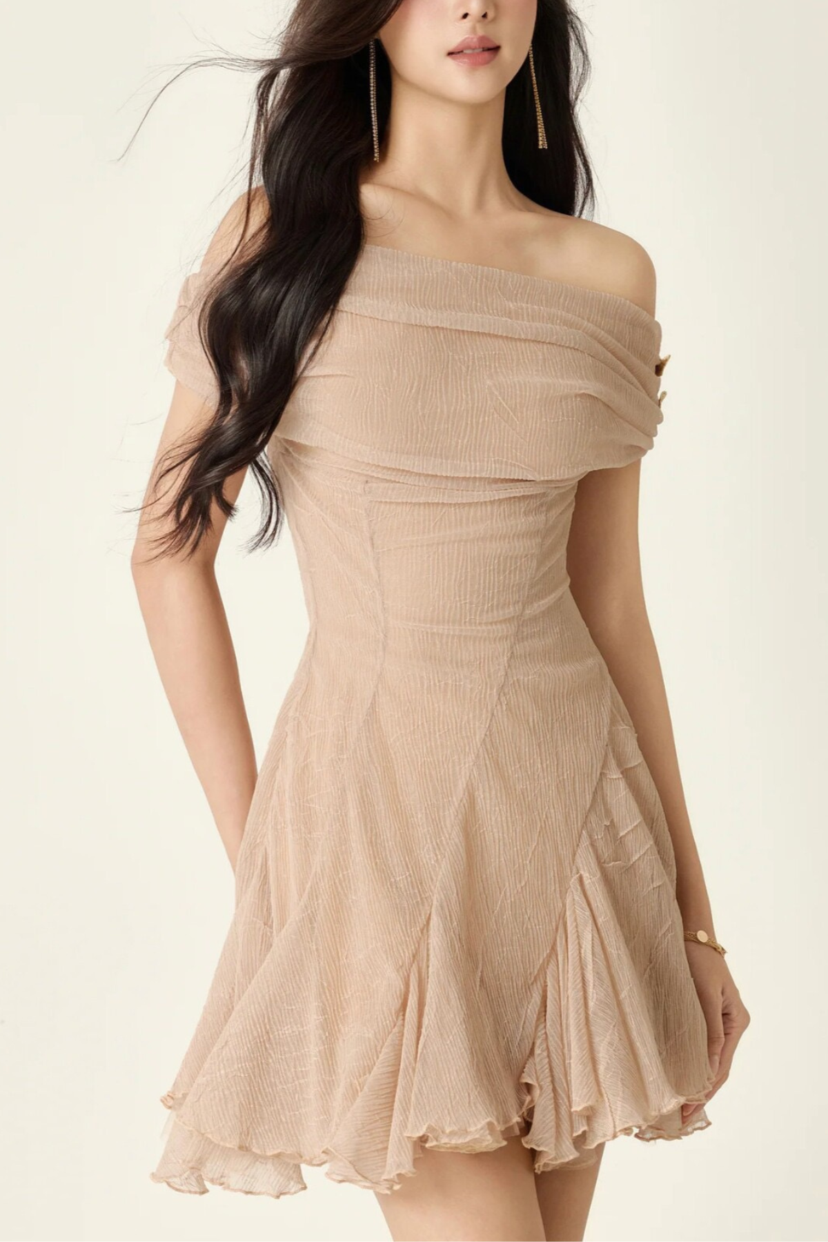 Nude Off The Shoulder Bodycon Ruched Mini Dress