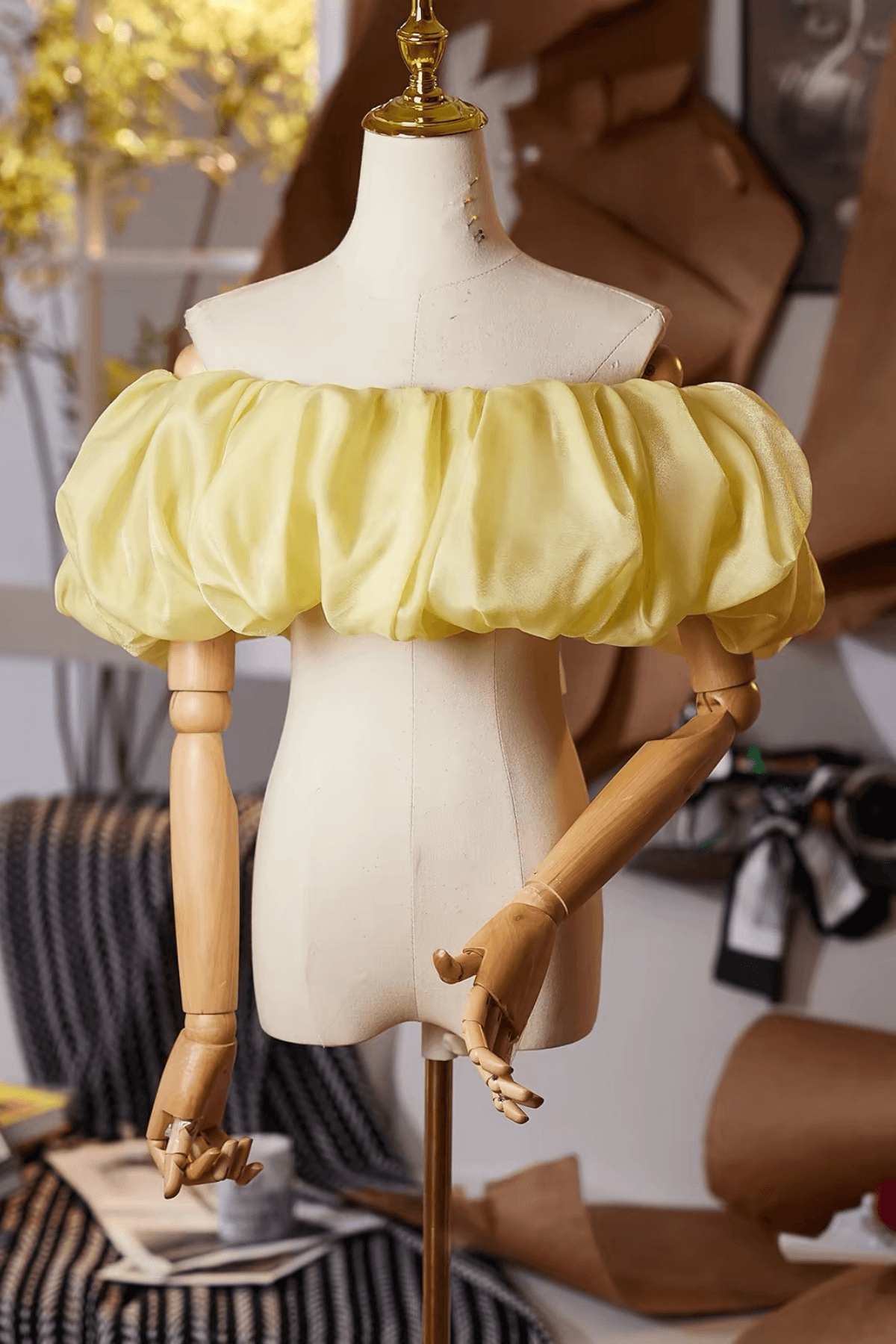 Yellow Off Shoulder Puff Shoulder Shawl