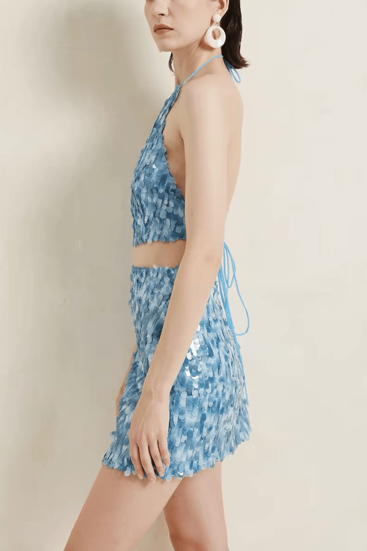 Blue Sequin Halter Neck Two Piece Set