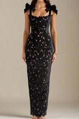 Strap Embroidered Lace Maxi Dress in black