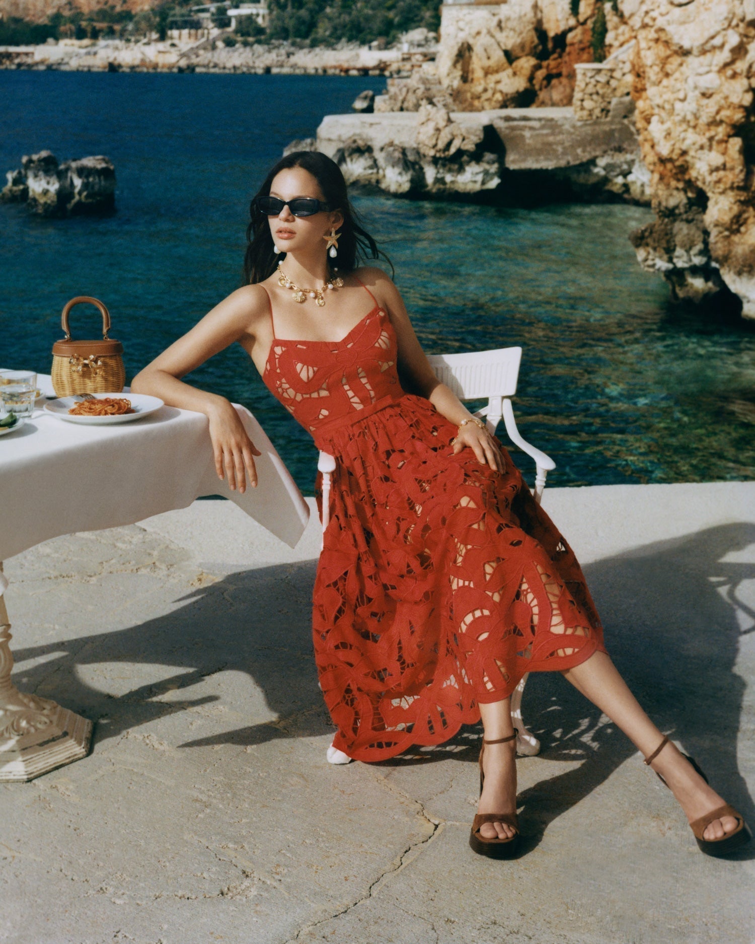 Red Embroidered Midi Dress