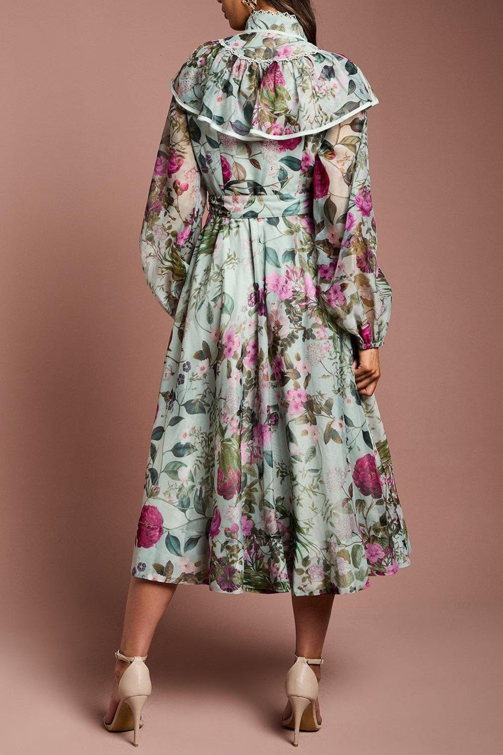 Green Long Sleeve Printed Organza Shirt Midi Dress