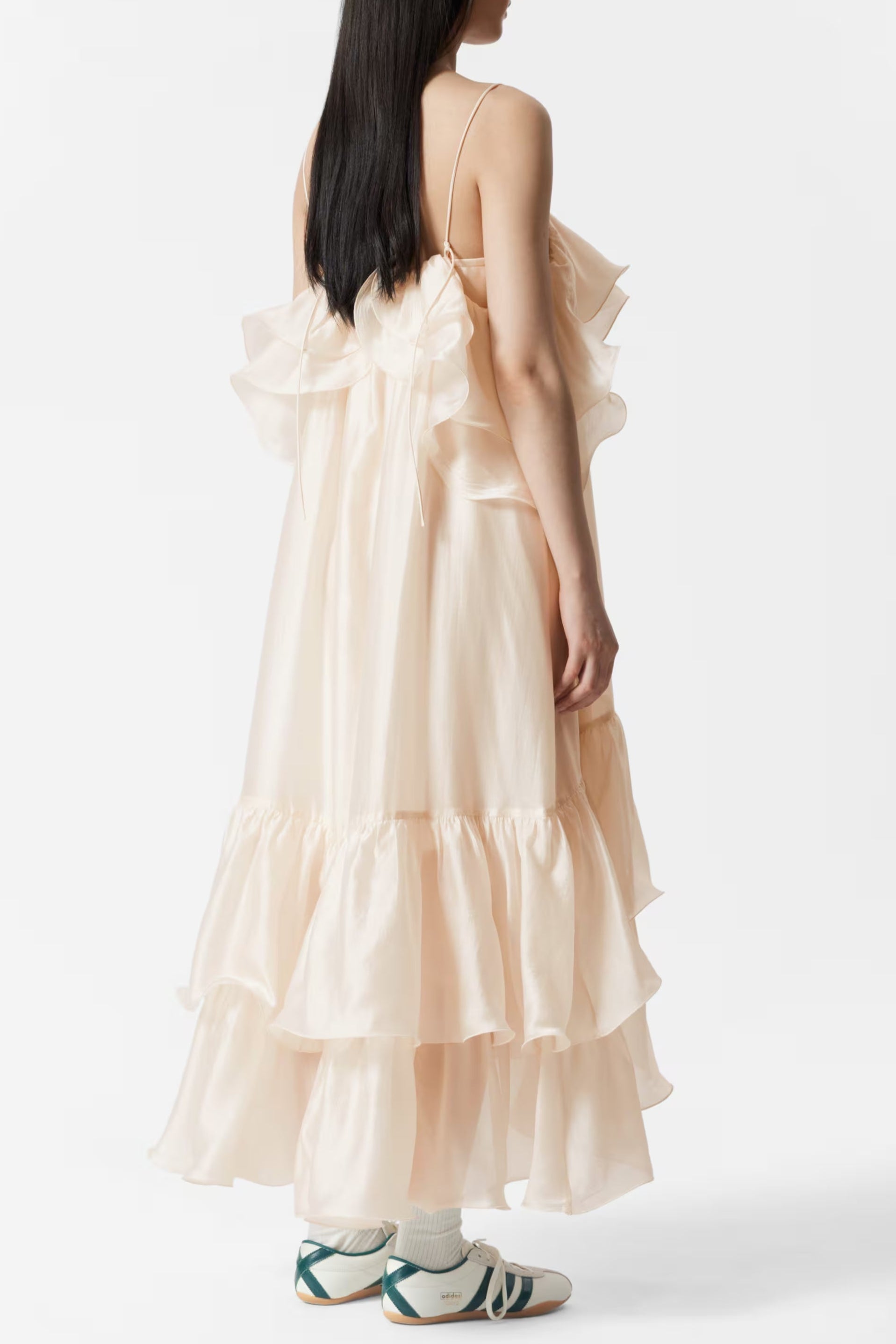 Off-Shoulder Floral Printed Ruffle Maxi Dress in Beige