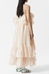 Off-Shoulder Floral Printed Ruffle Maxi Dress in Beige