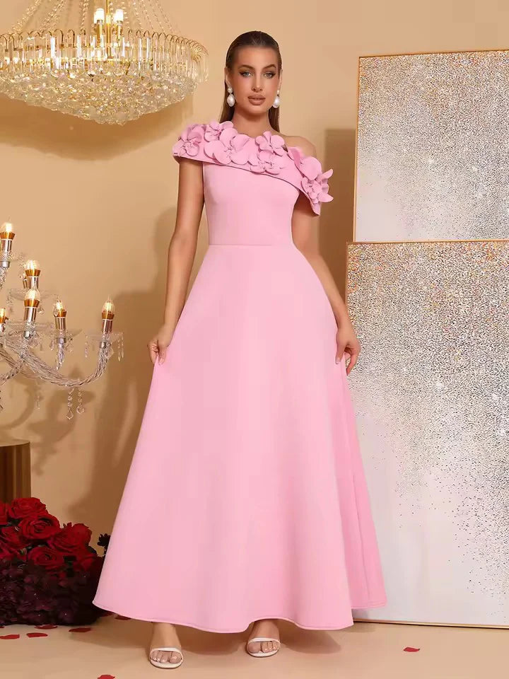 Flower Slanted Collar Maxi Dress in Pink