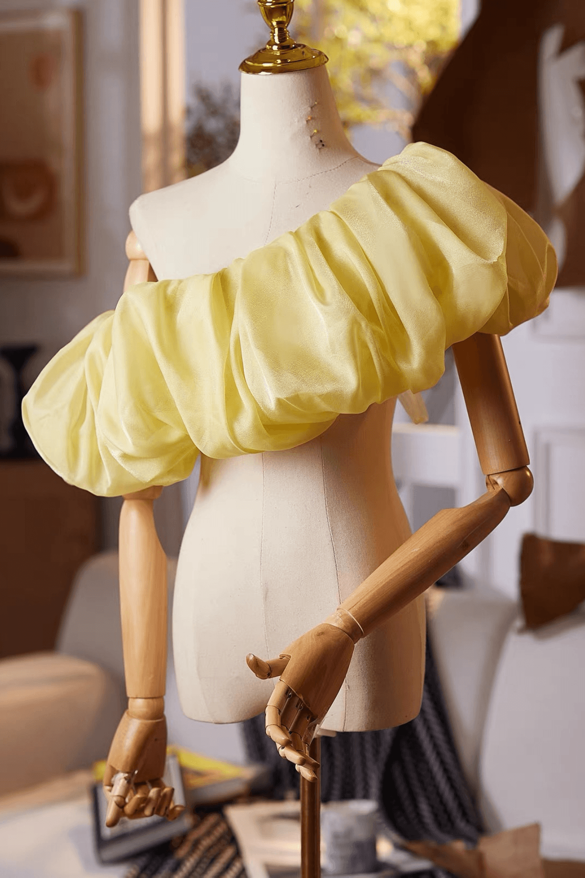 Yellow Off Shoulder Puff Shoulder Shawl