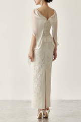 White Lace Corset Midi Satin Sash Dress with Flowy Sash