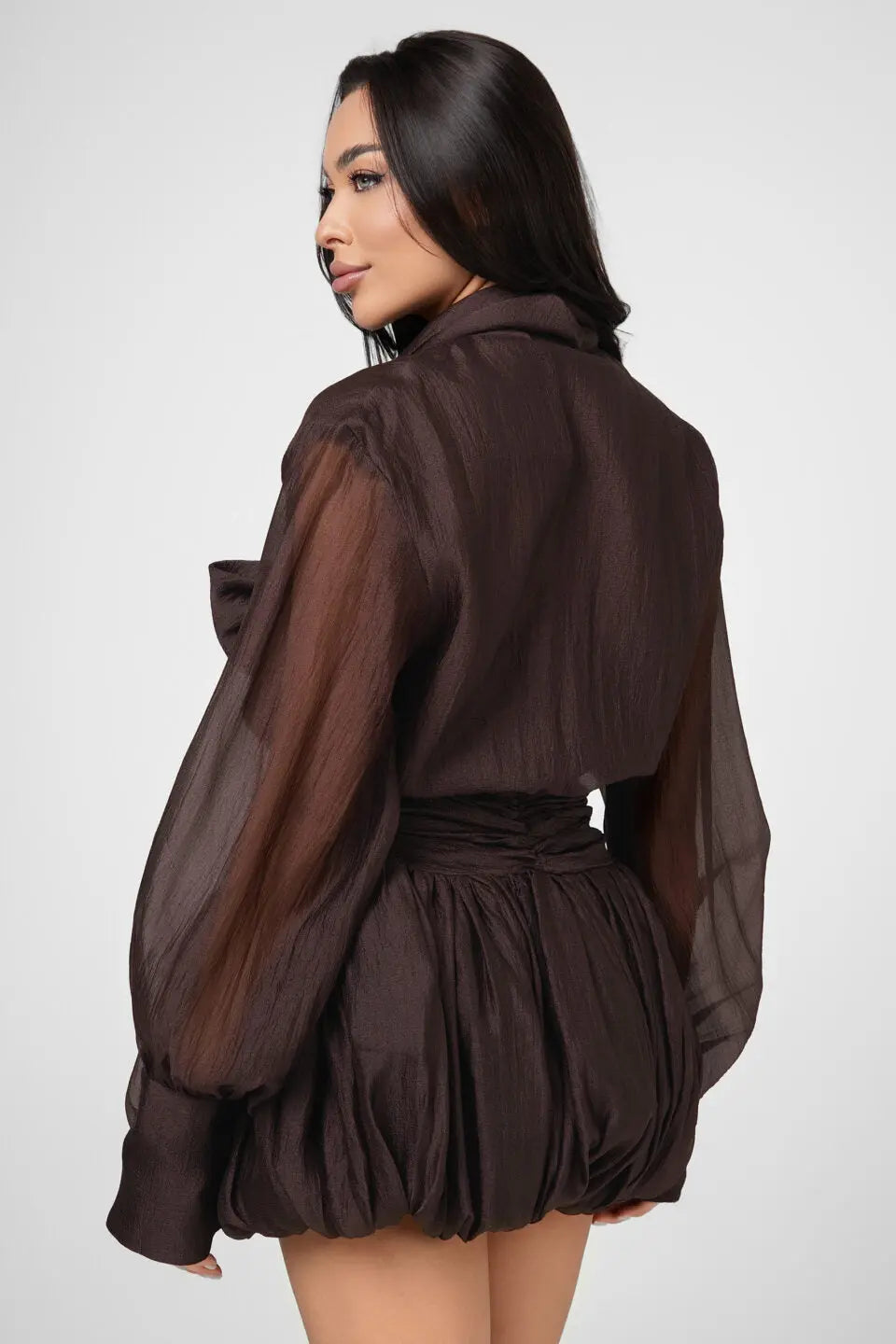 Dark Brown Tie-Neck Mini Shirt Dress