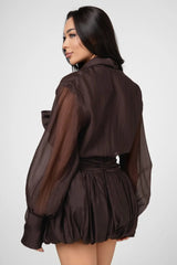 Dark Brown Tie-Neck Mini Shirt Dress