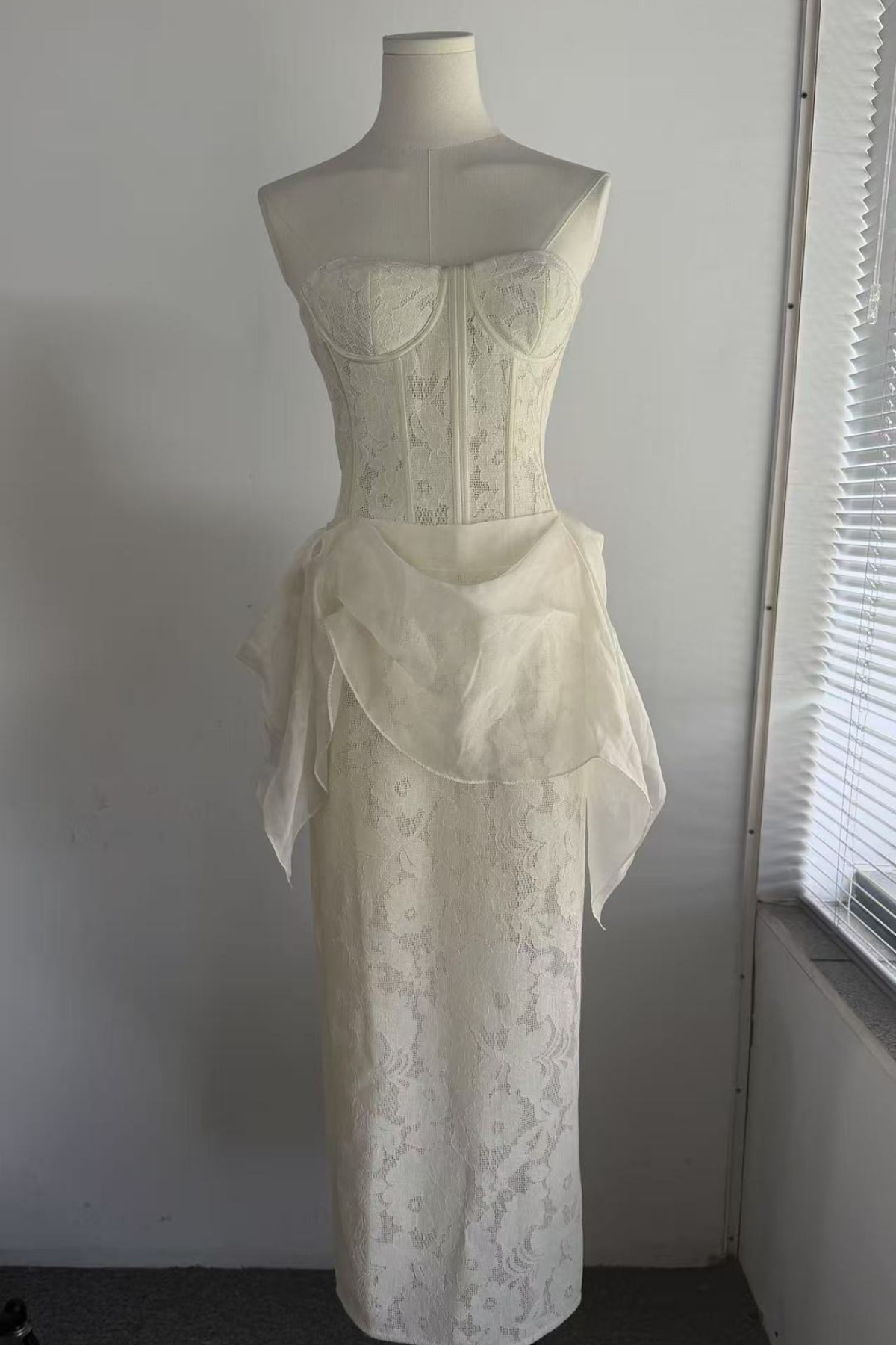 White Lace Corset Midi Satin Sash Dress with Flowy Sash