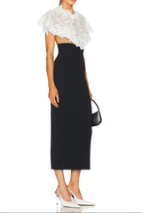 Lace Patchwork Shawl Bodycon Midi Dress in Black