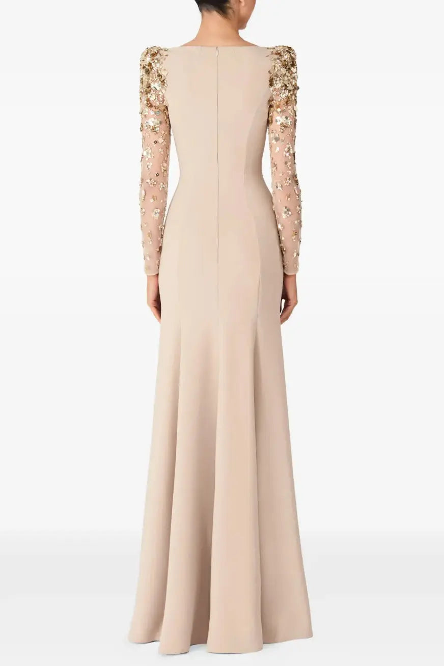 Mesh Splicing Beading Diamond Maxi Dress in Apricot