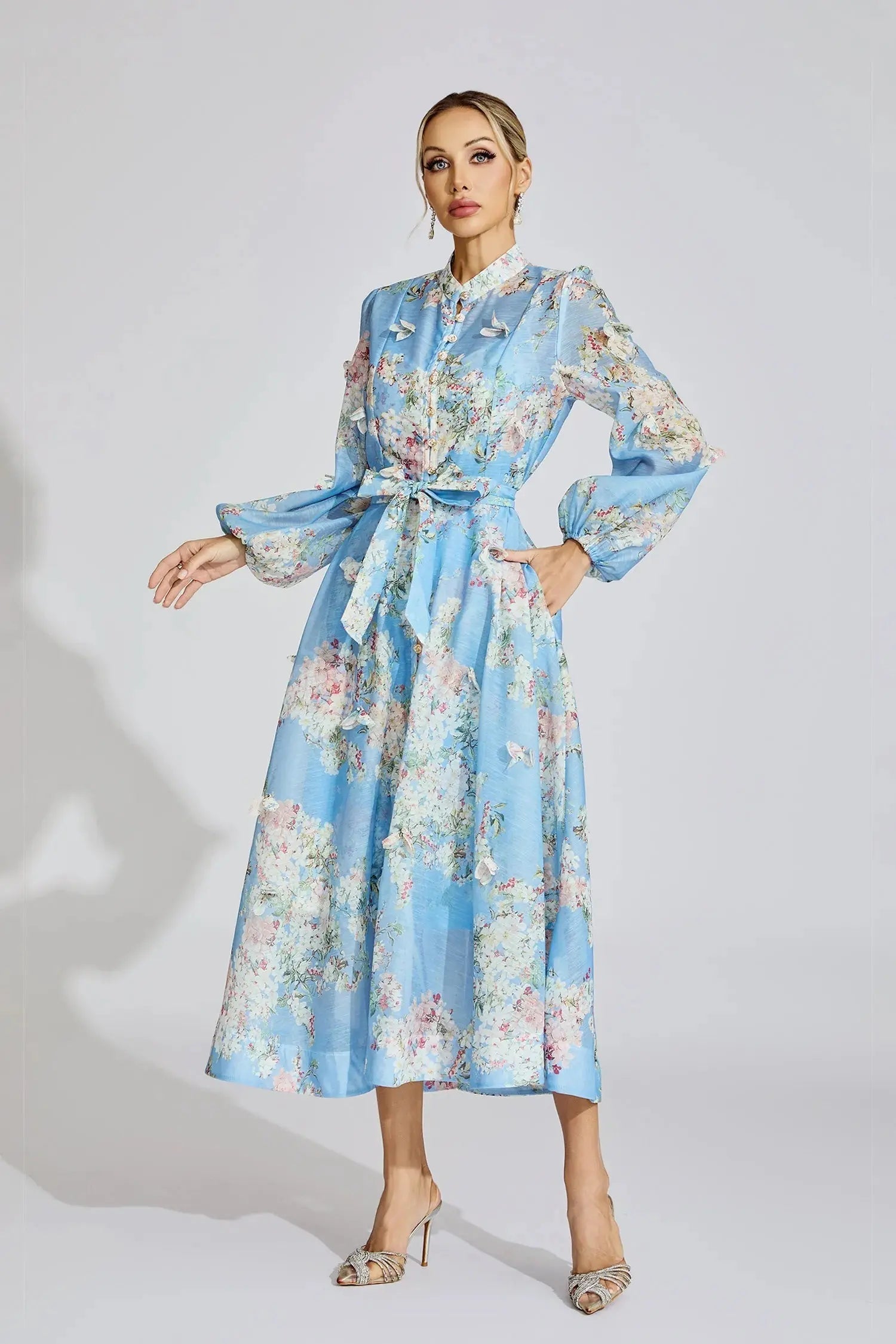 Blue Floral Printed Puff Sleeve Maxi Dress