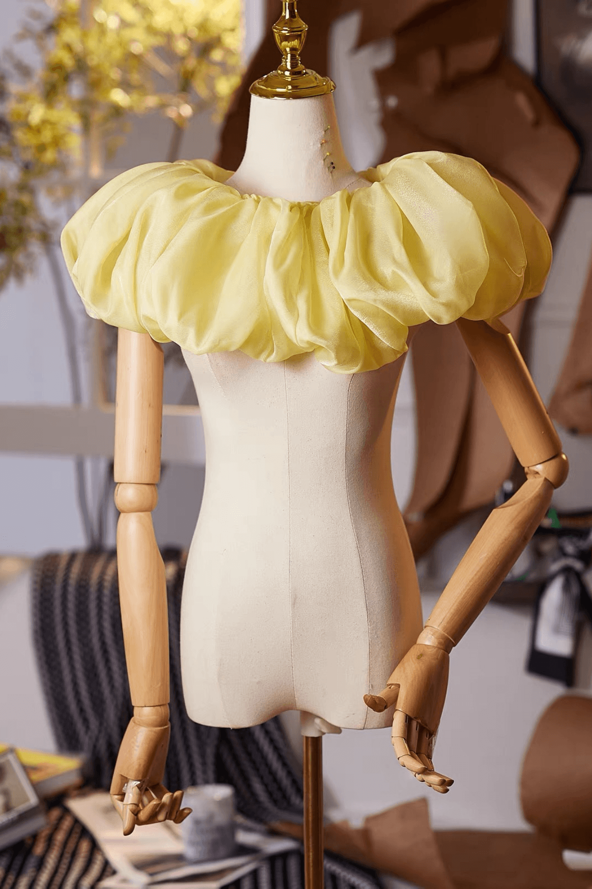Yellow Off Shoulder Puff Shoulder Shawl